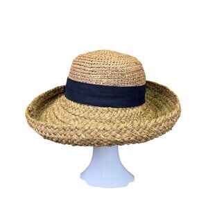 Helen Kaminski Womens Natural Raffia Handmade Wide Brim Sun Hat Black Ribbon OS